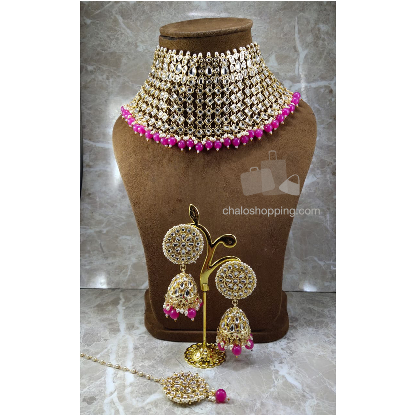 Kundan Inspired Choker Set with Earrings and Tika (Color : Fuscia Pink)