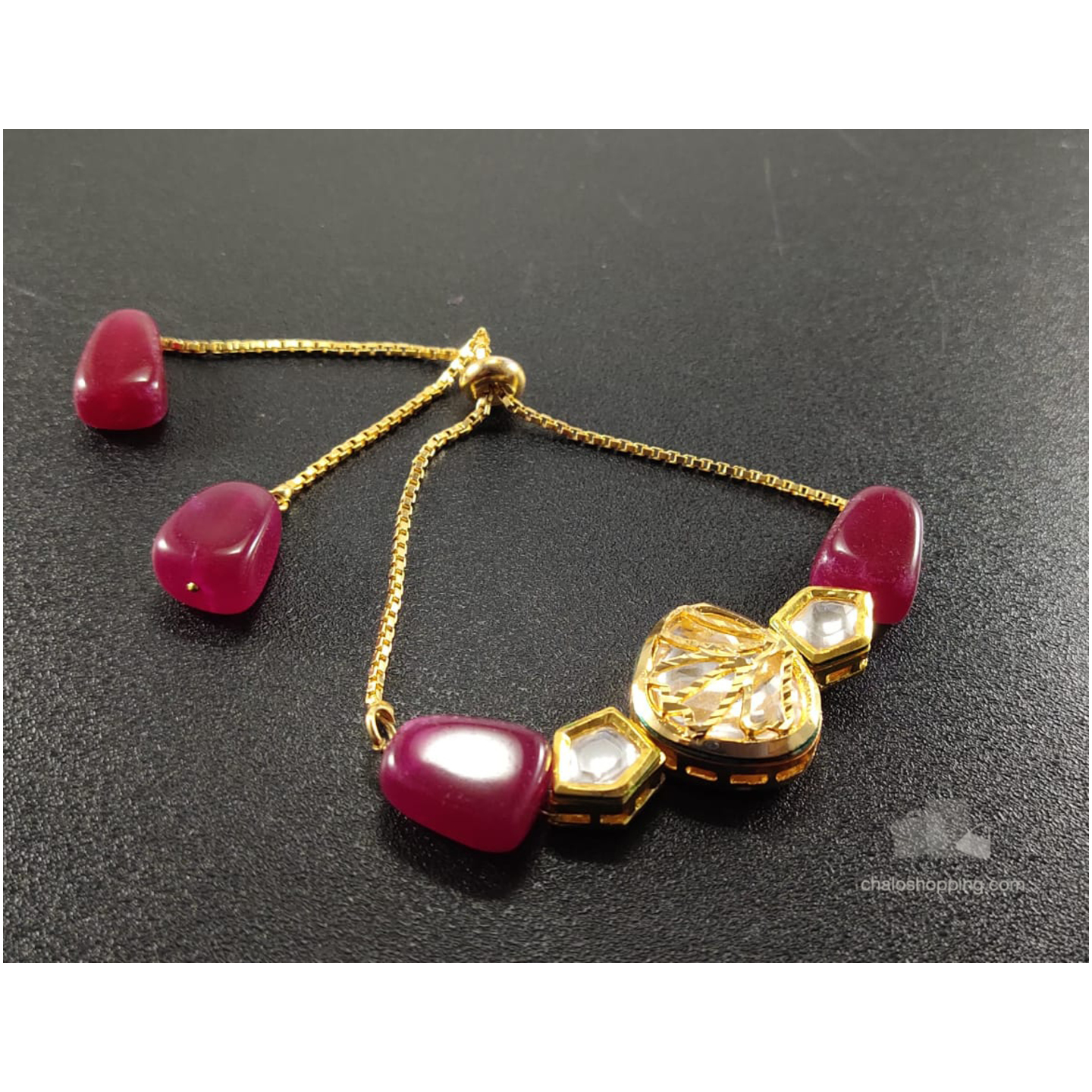 Onyx Stone Kundan Chain Bracelet - Ruby Red