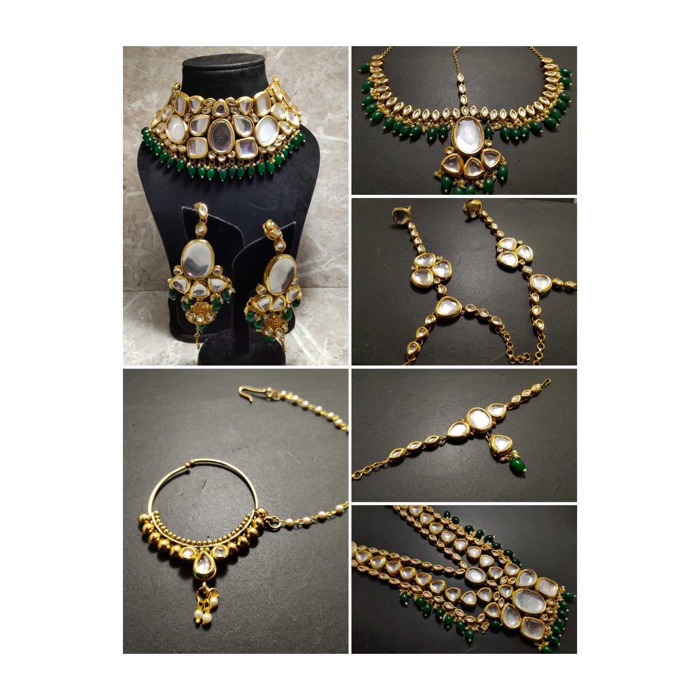 High Quality Kundan Polki Full Bridal Set with Green Onyx Stones