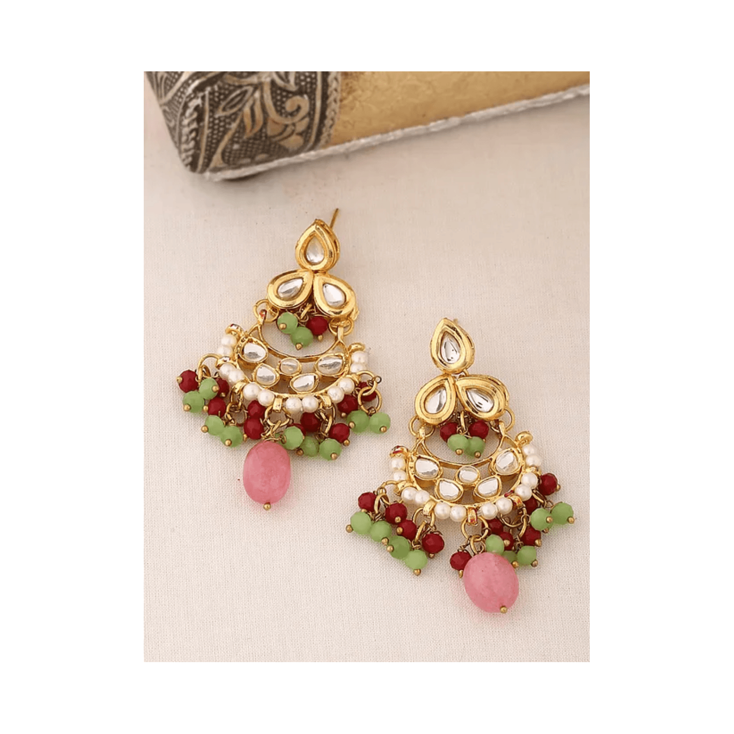 Pink Green Gold Tone Kundan Earring