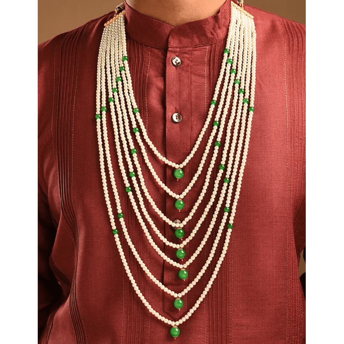 White & Green Bead Multi Layer Necklace for Men
