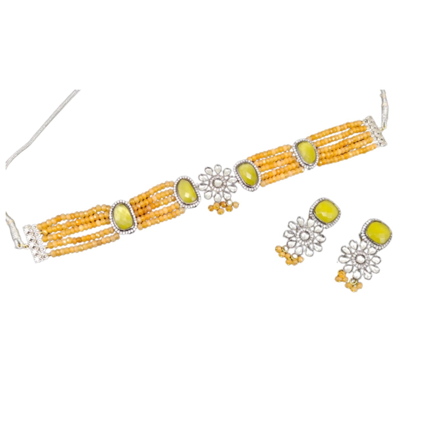 Gold Tone Kundan Choker Necklace Set With Earring Yellow Onyx Pearls
