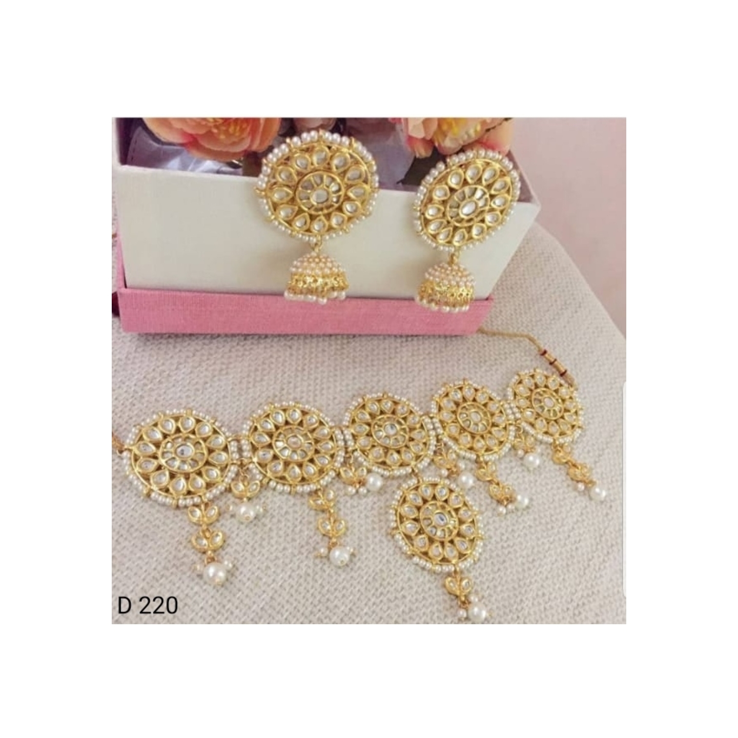 Kundan Choker Crystals Neckline With Earring (White Pearl)