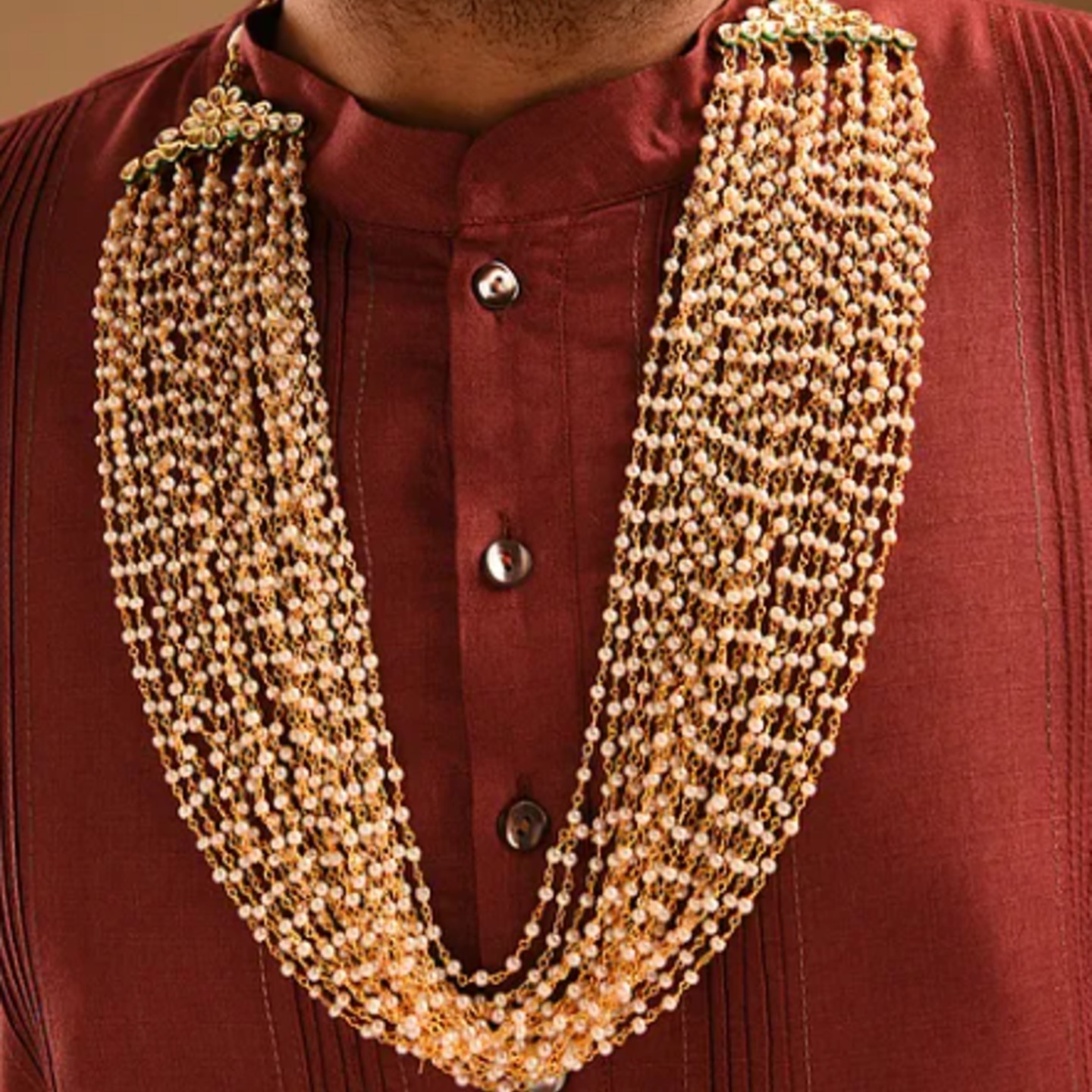 White Beaded Gold Tone Kundan Layered Necklace For Men