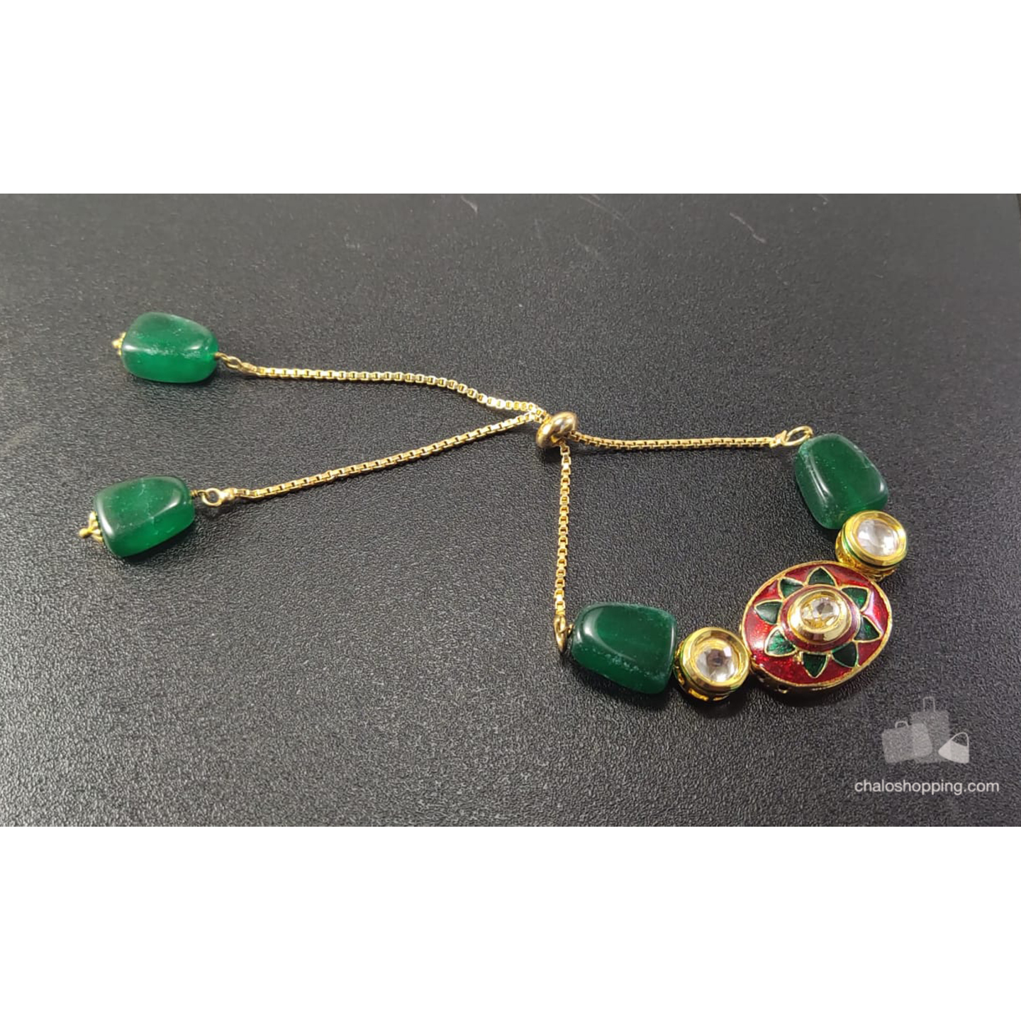 Onyx Stone Kundan Chain Bracelet - Green Red