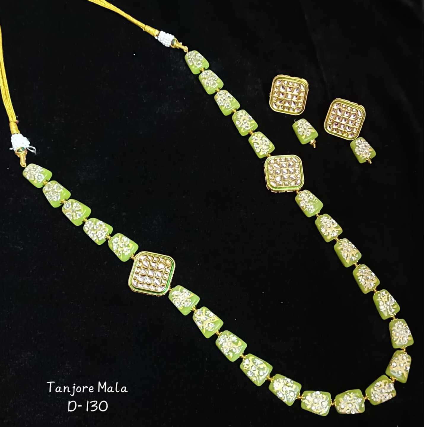 See Green Gold Tone Kundan Long Tanjore Mala With Earring