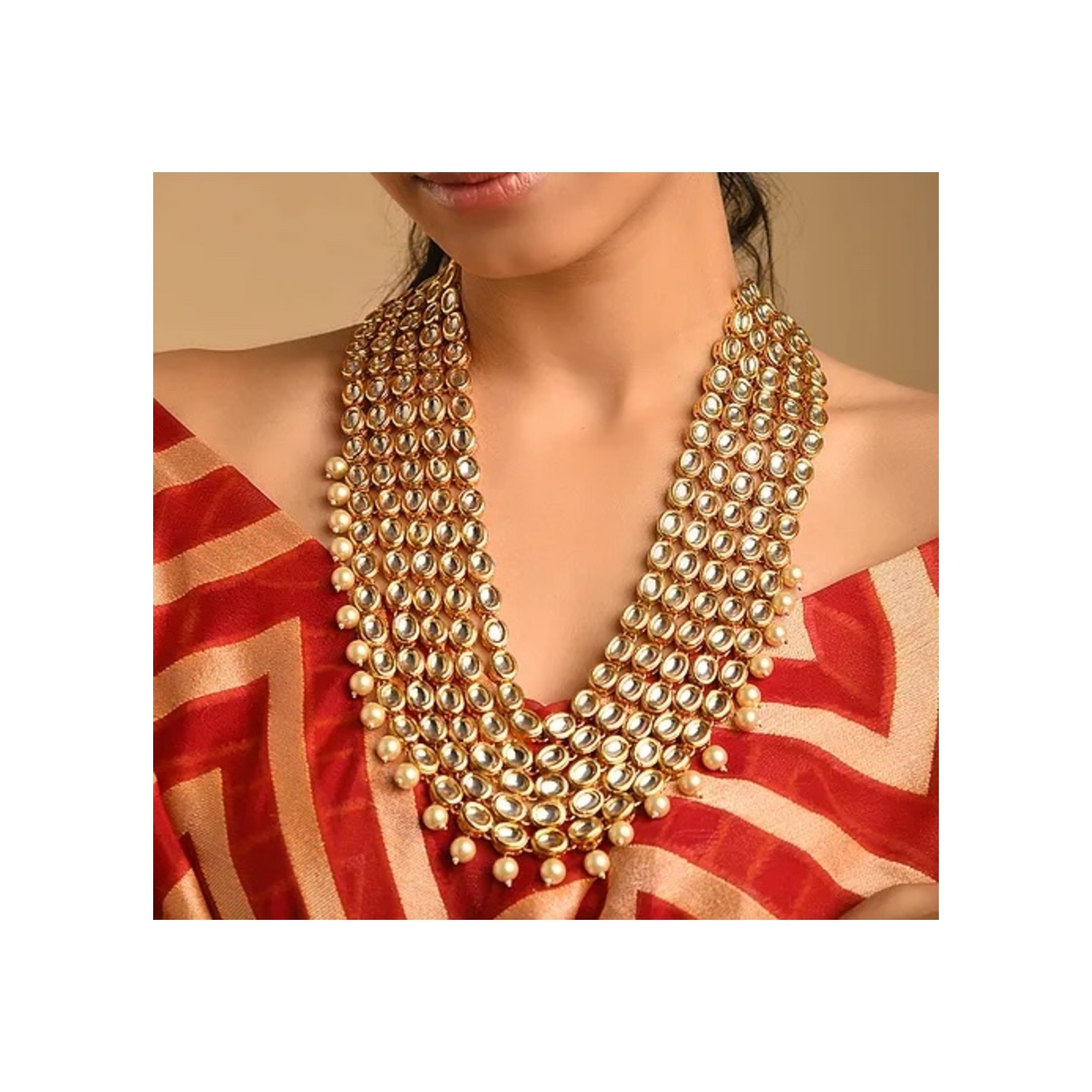 Gold Plated Beaded Layered Necklace With Pearls
