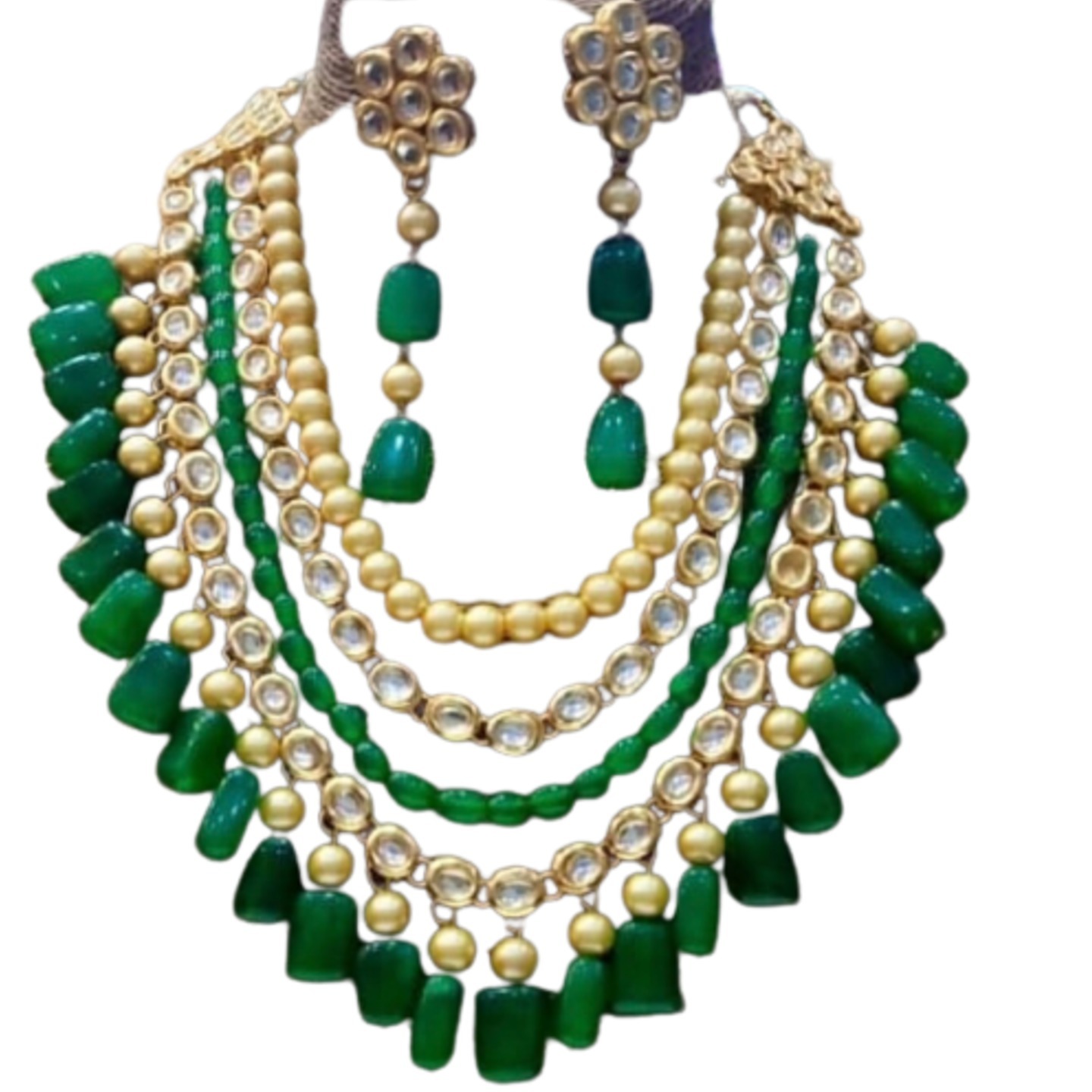 Green Gold Tone Kundan Triple Layer Necklace Set With Earring