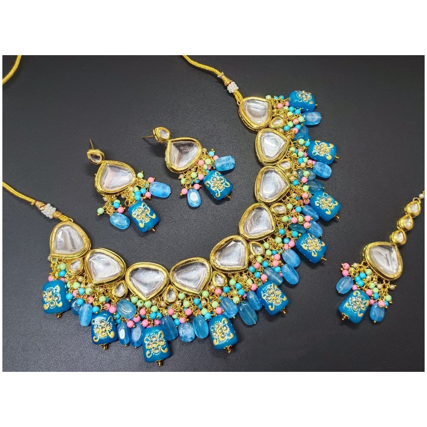 Blue Gold Tone Kundan Necklace Set With Earring Tikka Onyx Stone