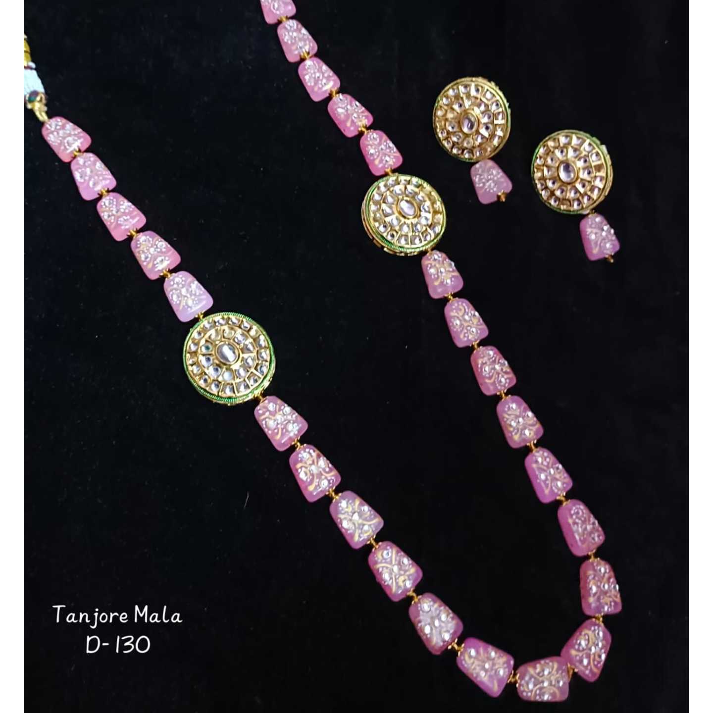 Pink Gold Tone Kundan Long Necklace Set With Earring