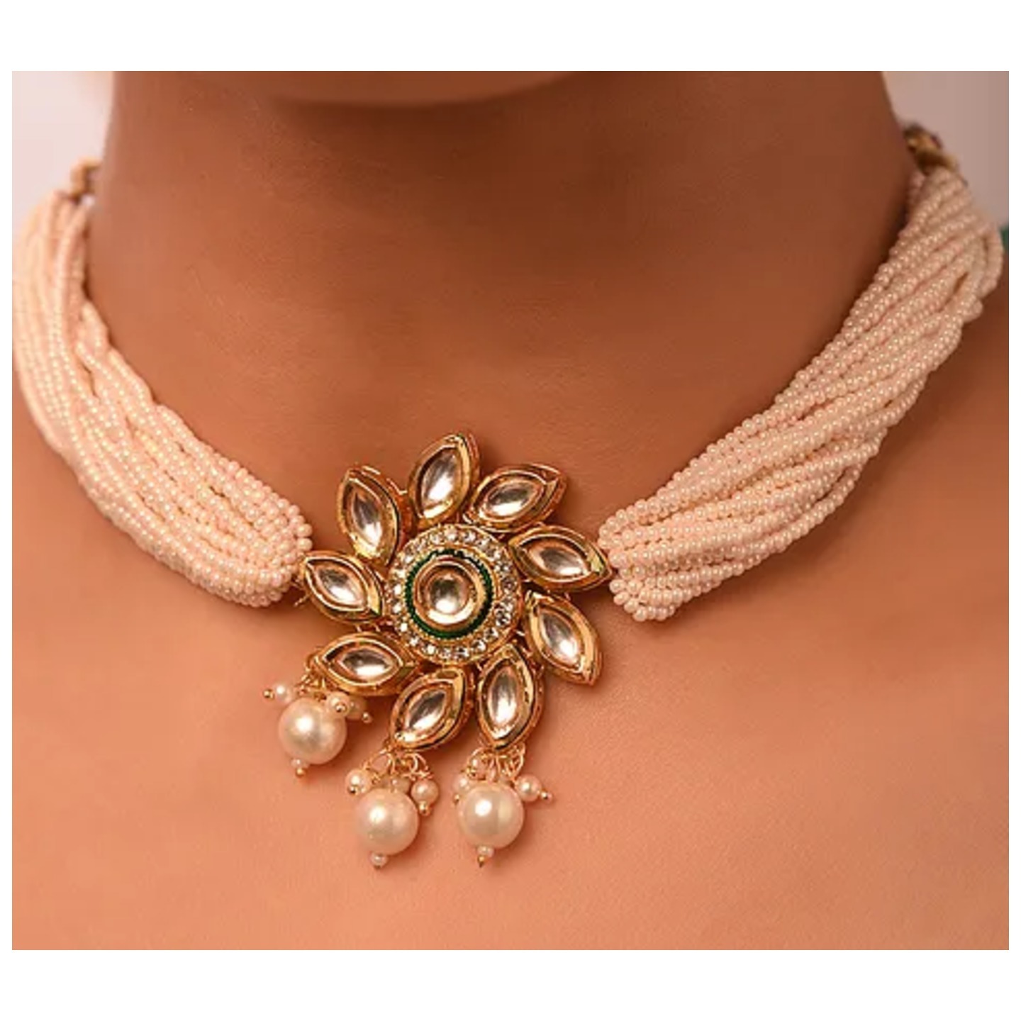 White Gold Tone Kundan Necklace Set With Earring