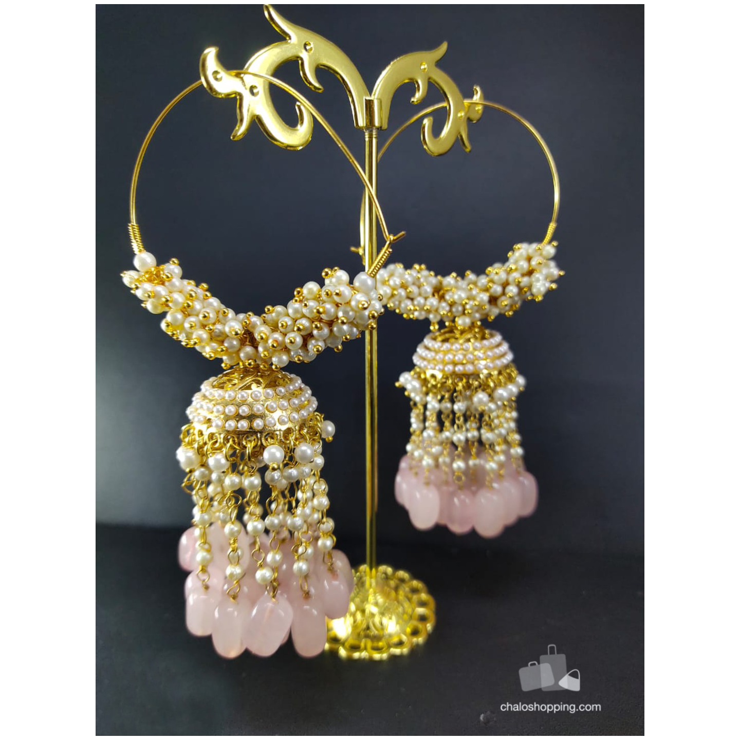  Kundan Inspired Onyx Stone Tassel Jhumki Baby Pink Color