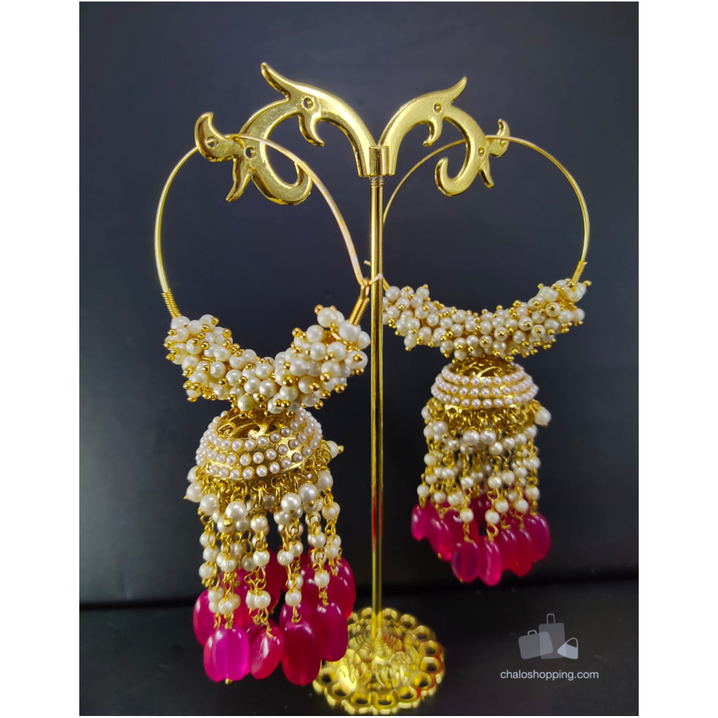 Kundan Inspired Fuscia Stone Tassel Jhumki