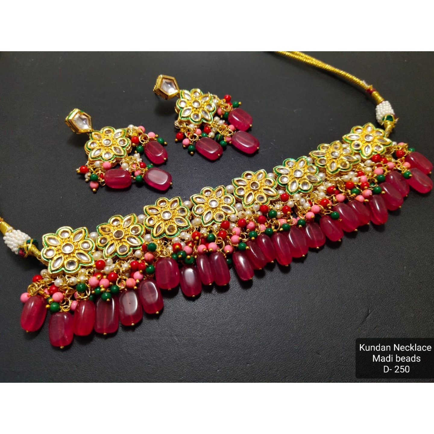 Ruby Flower Onyx High Quality Kundan Necklace Set