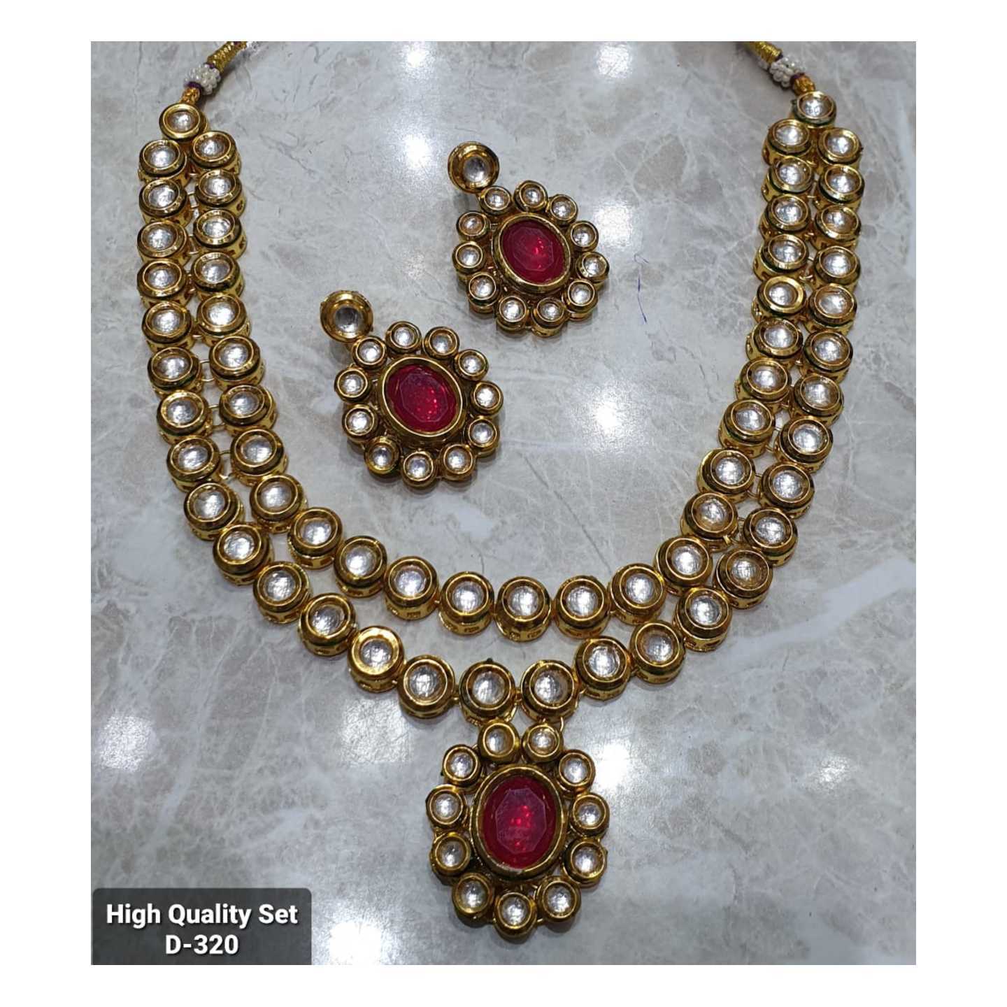 Gold Tone Kundan Necklace Set With Earring Maroon Onyx Stone