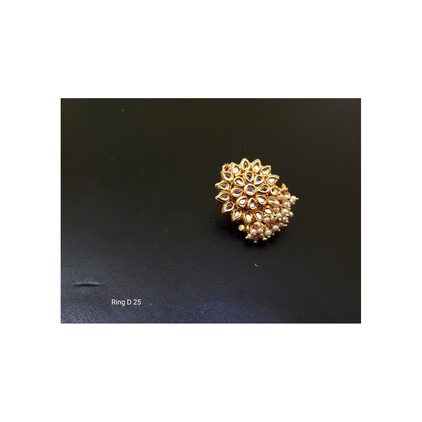 Gold Tone Kundan Ring White Pearls