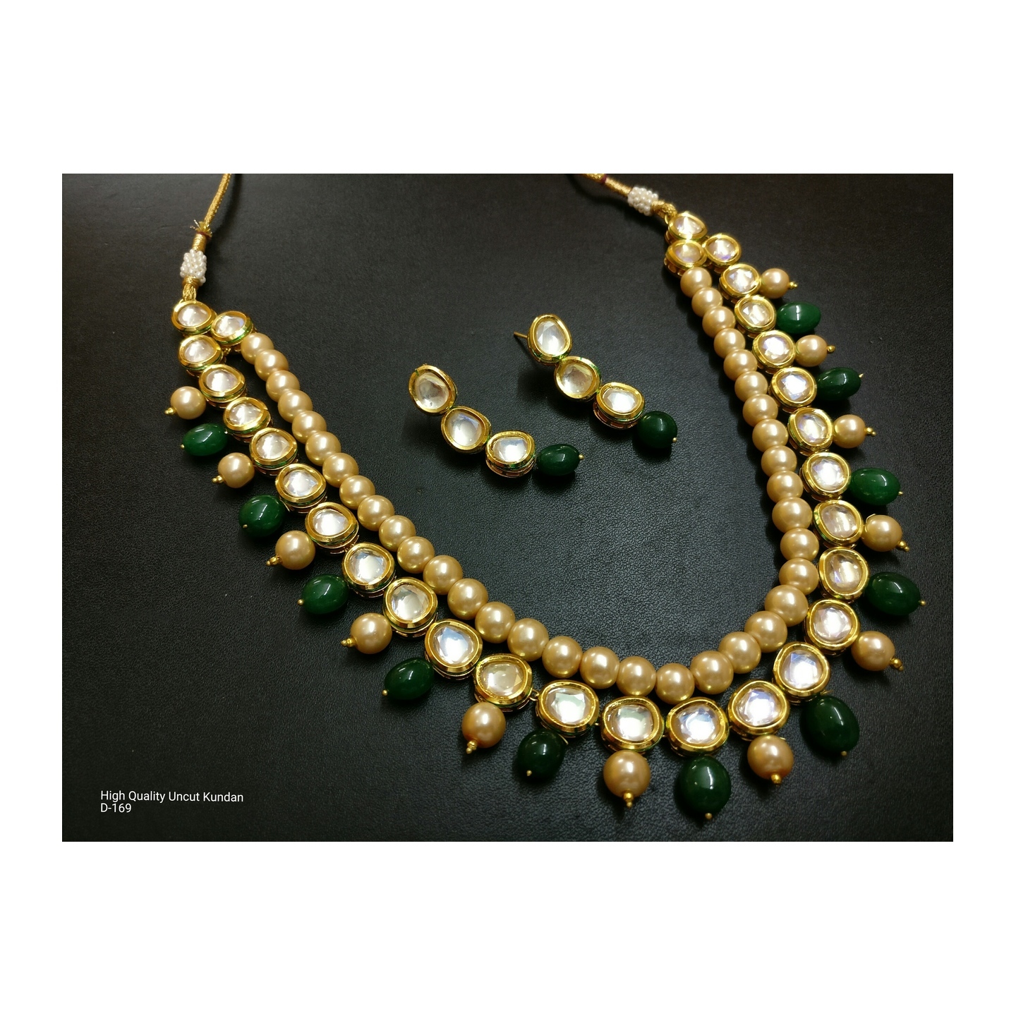 High Quality Uncut Kundan Set With Earring Green Onyx Pearls