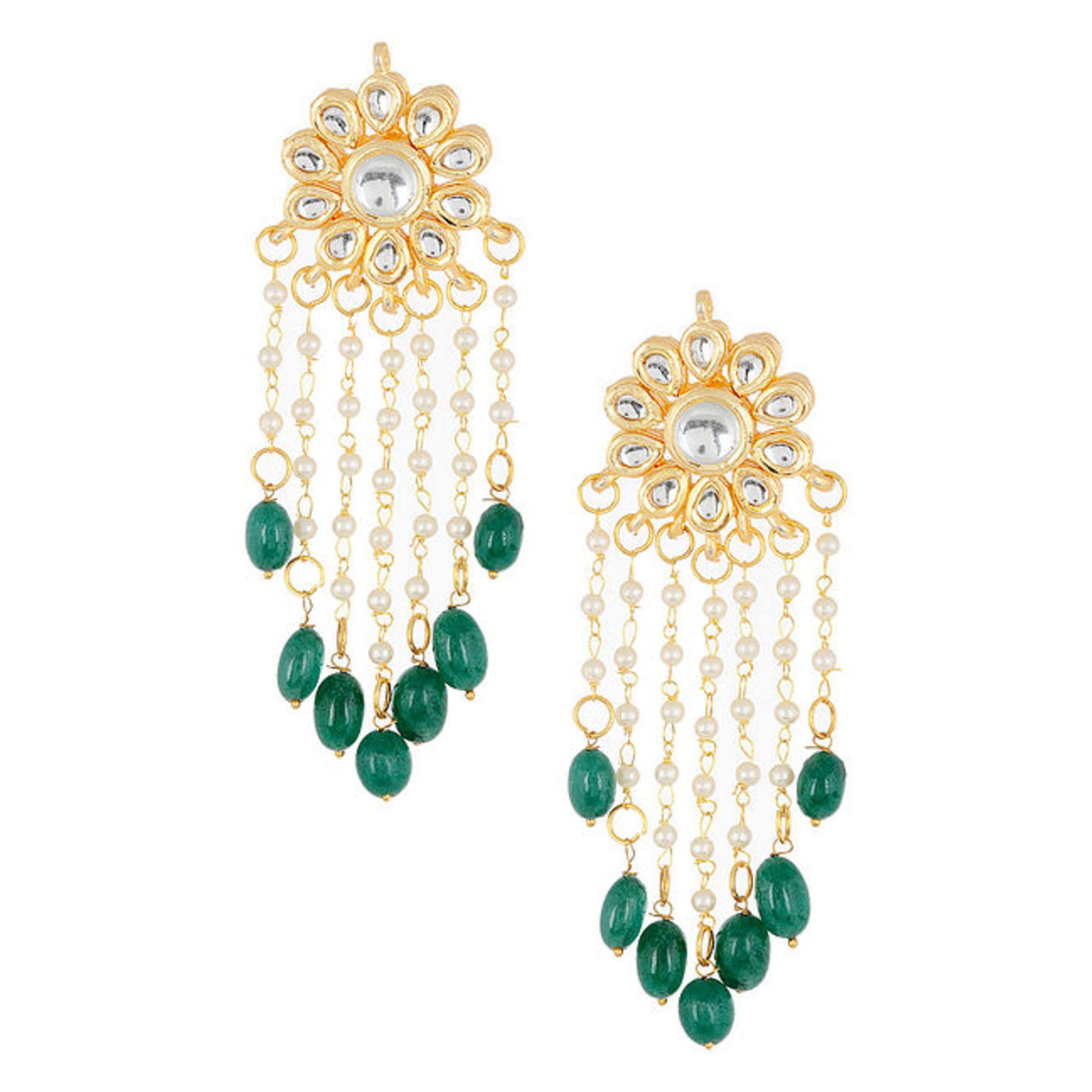 Green Kundan-inspired Gold Tone Earrings with Floral Motif