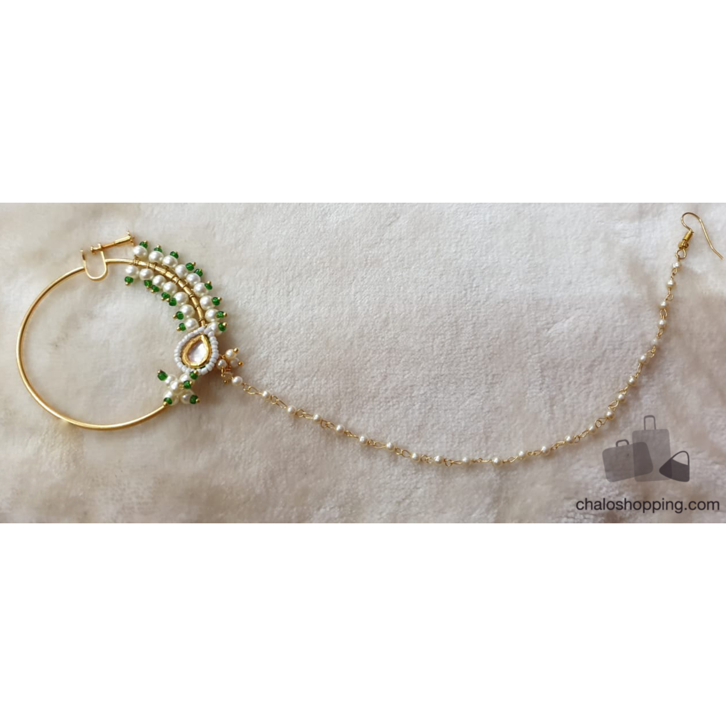 Green Seed Bead Kundan Nose Ring Model 2