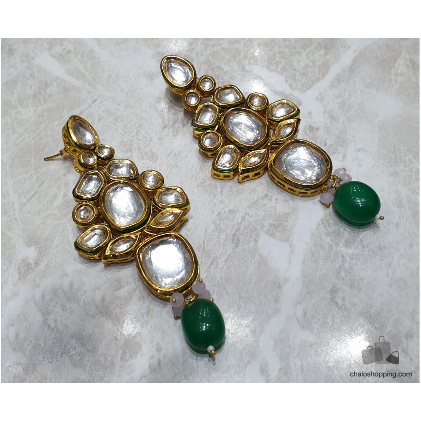 High Quality Kundan Green & Baby Pink Onyx Earrings