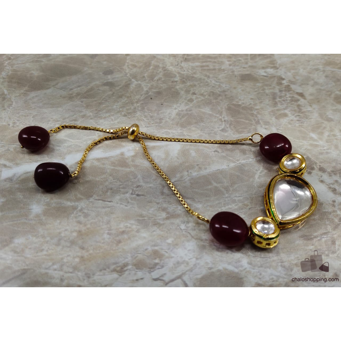 Onyx Stone Kundan Chain Bracelet - Ruby Red