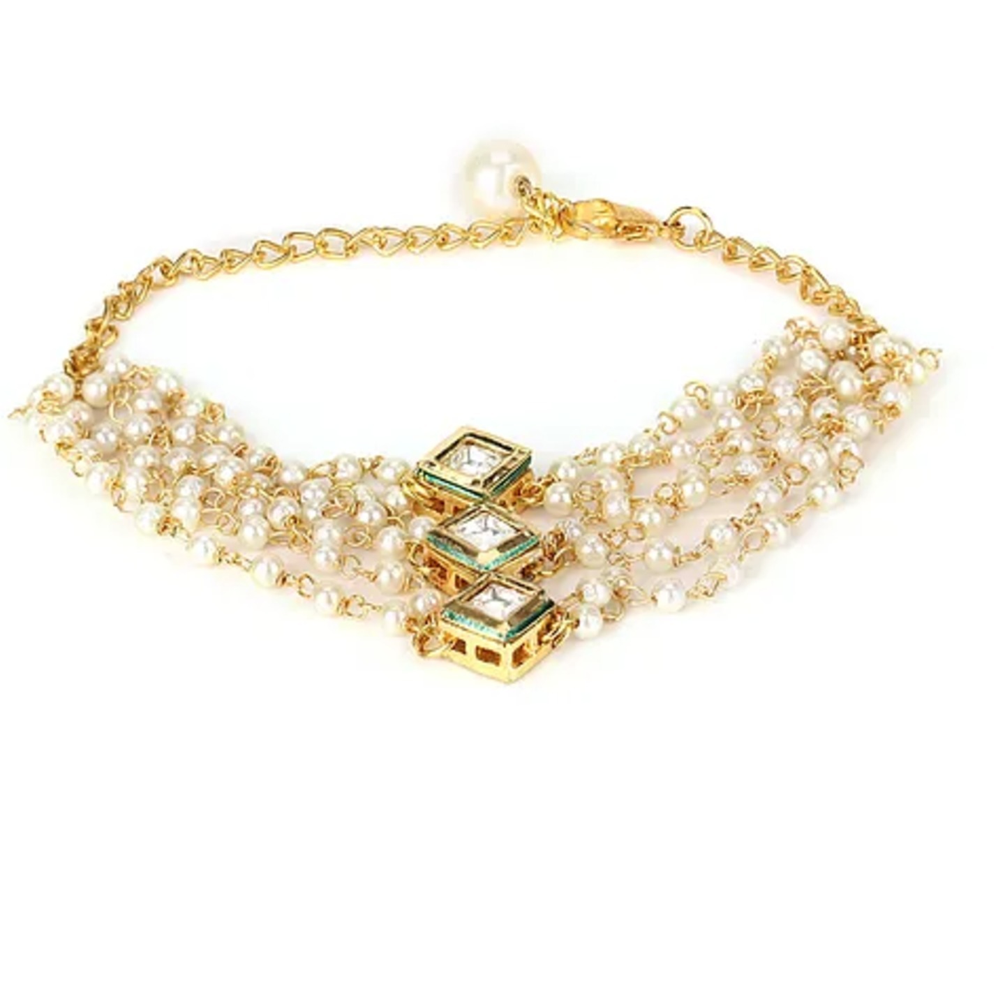 Gold Plated Kundan Bracelet with Pearls