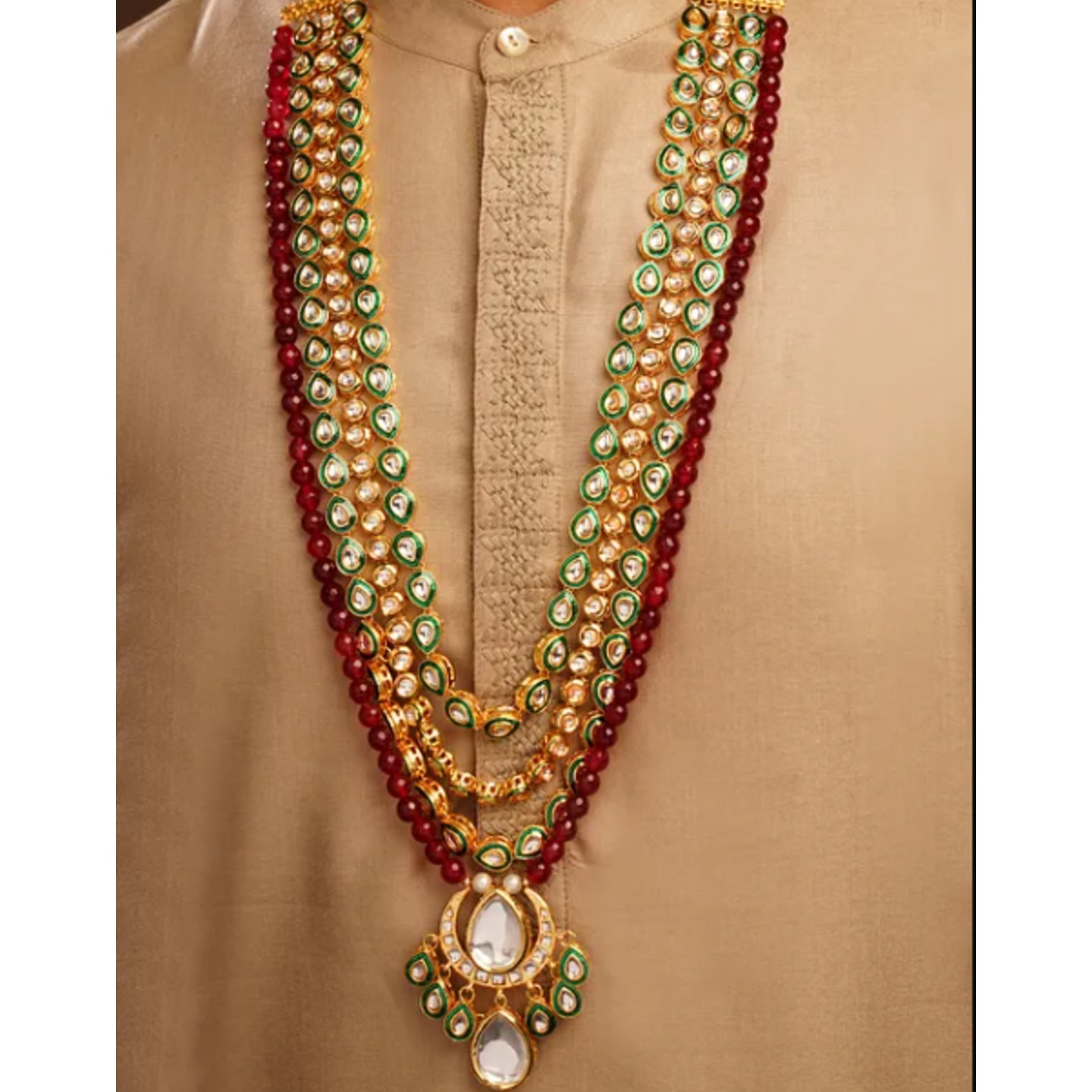 Red Green Gold Tone Polki Kundan Necklace With Pearls For Men