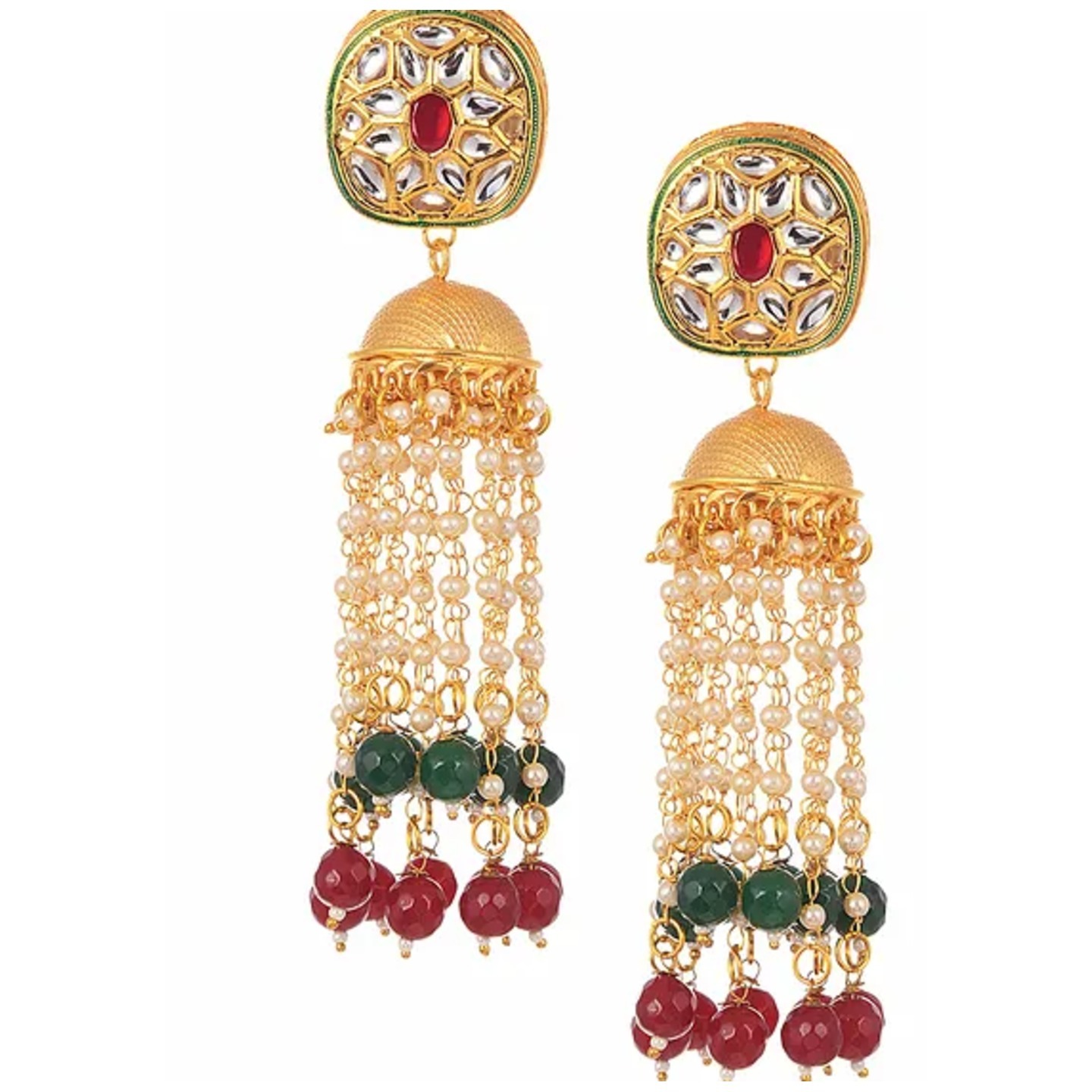 Green Red Gold Tone Kundan Jhumki Earring