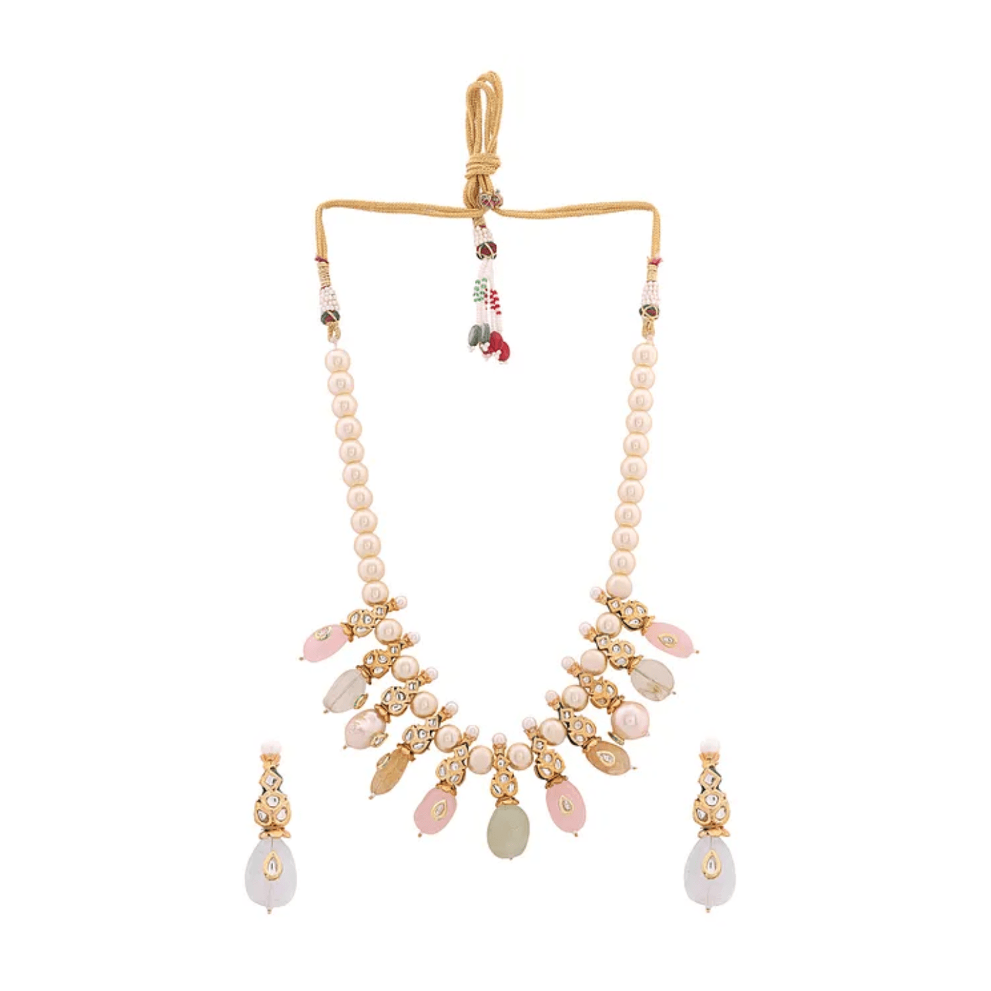 Multicolored Gold Tone Kundan Necklace And Earring With Pearls