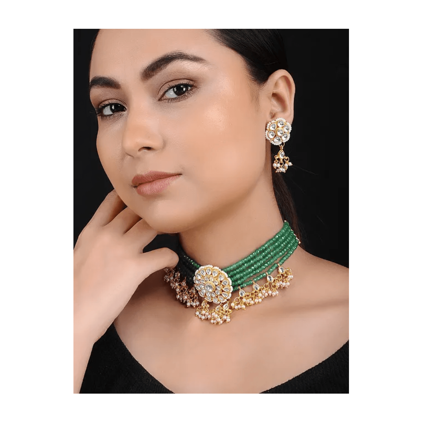 Green Onyx Gold Tone Brass Necklace With Earring