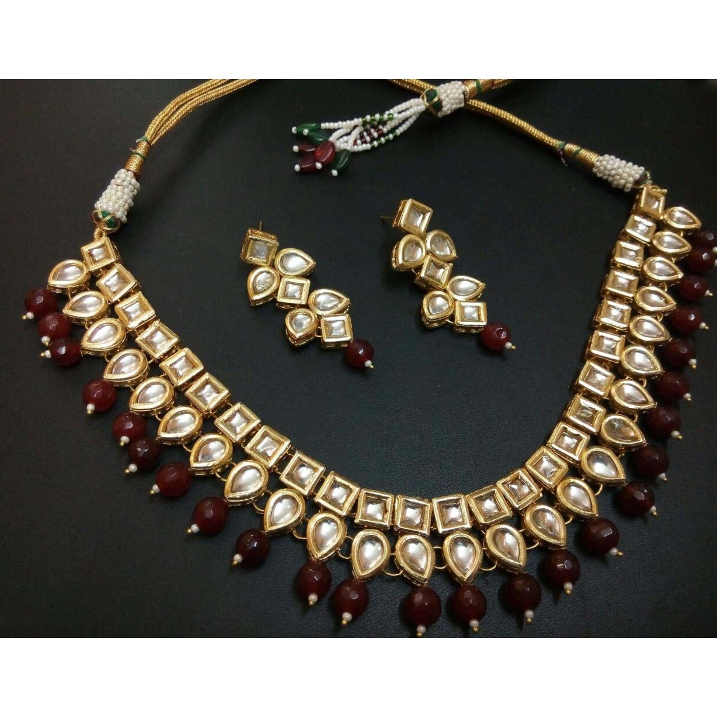Gold Tone Kundan Necklace Set With Earring Ruby Maroon Onyx