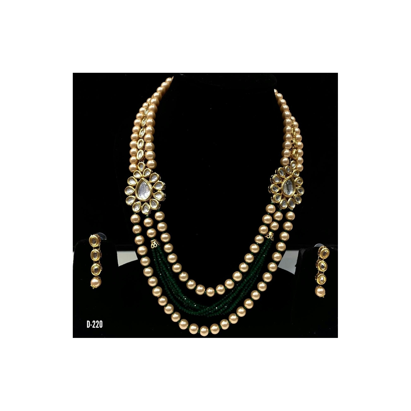 Multi Layer Kundan Necklace Set With Earring Green Pearl