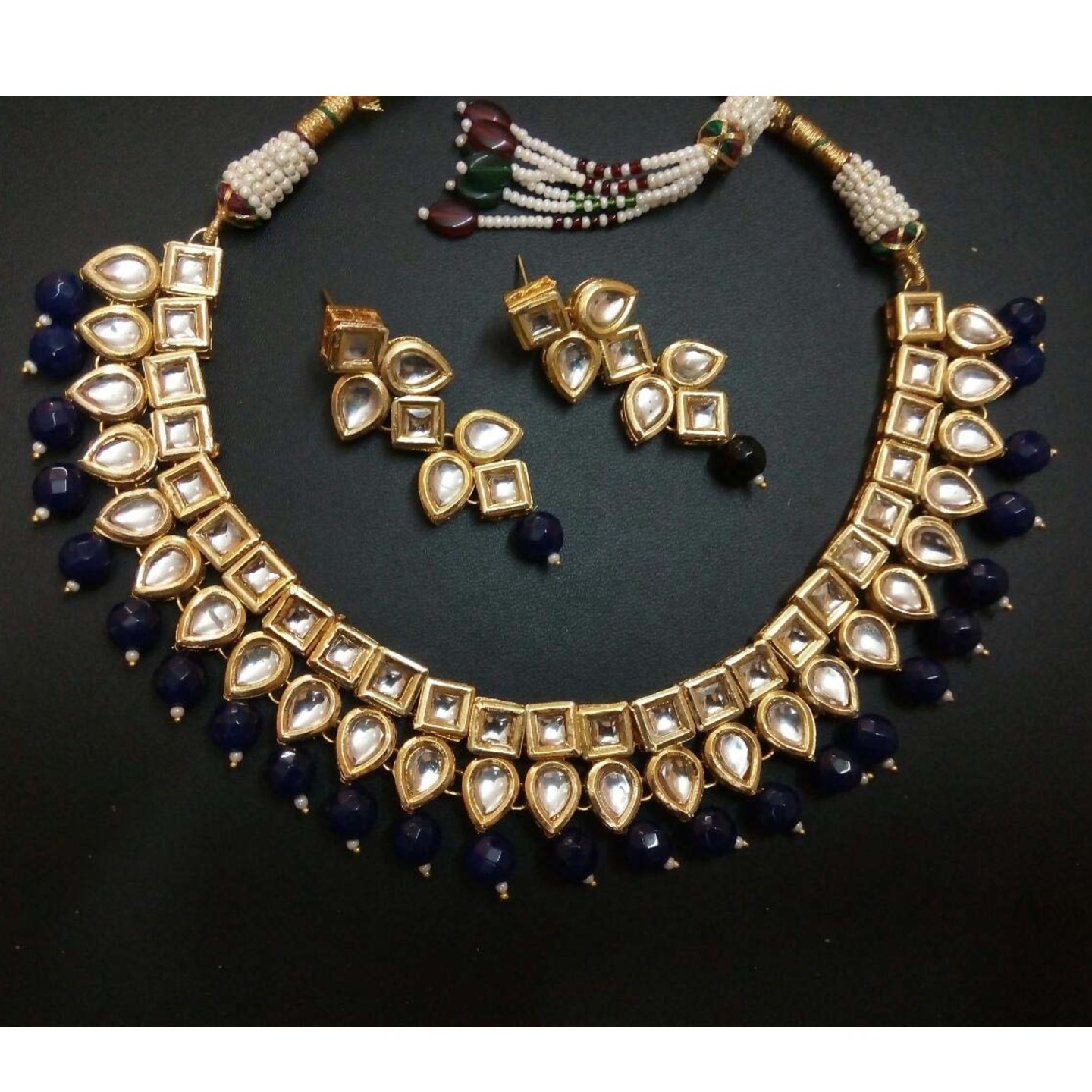 Gold Tone Kundan Necklace Set With Earring Blue Onyx Pearls