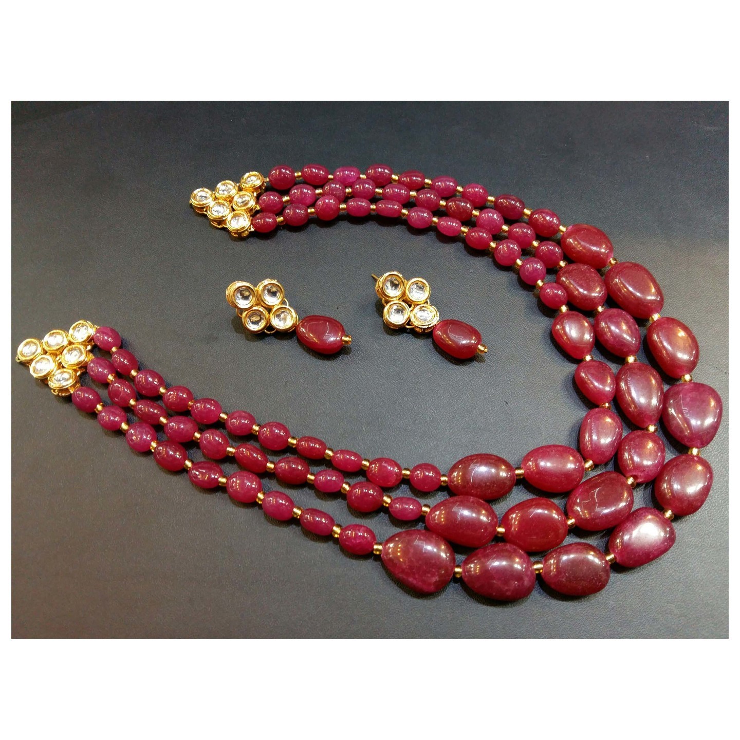 Kundan Necklace Set With Earring Maroon Onyx Pearls