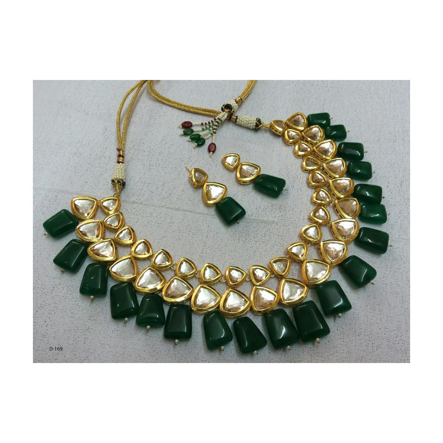 Kundan Necklace Set With Earring Green Onyx Stone
