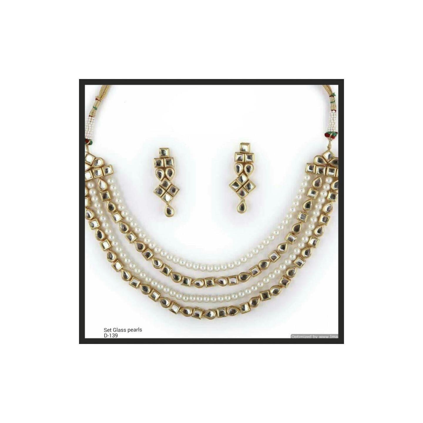 Multi Layer Kundan Necklace Set With Earring Glass Pearl