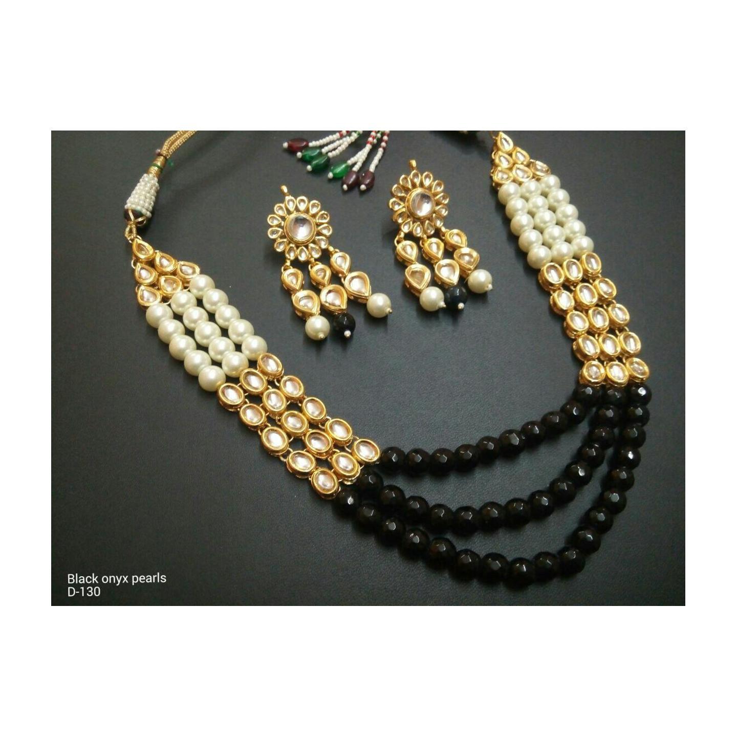 High Quality Kundan Inspired Necklace Set With Earring Black Onyx Pearl