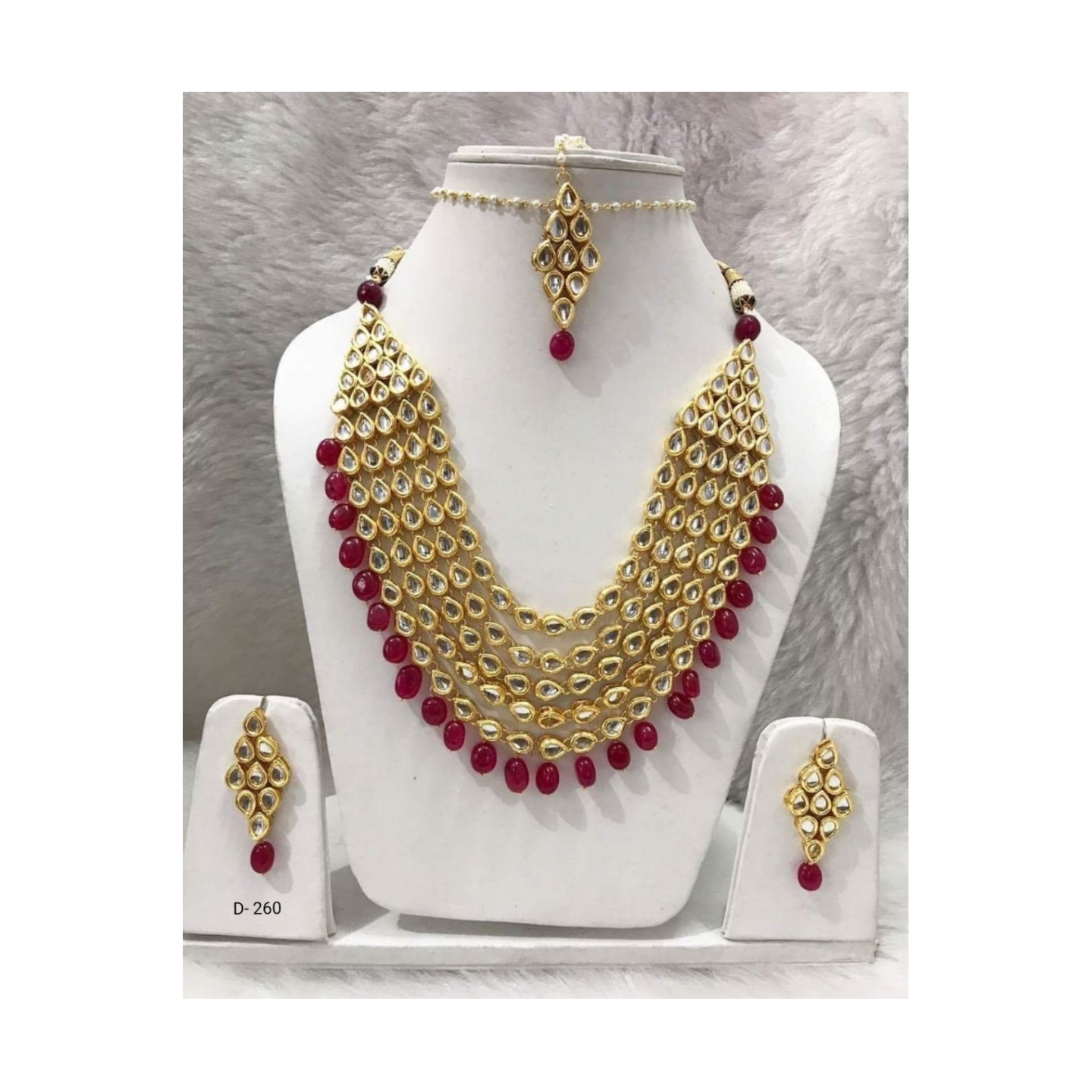 Multi Layer Ruby Red Onyx Pearl Necklace Set With Earring ,Tikka