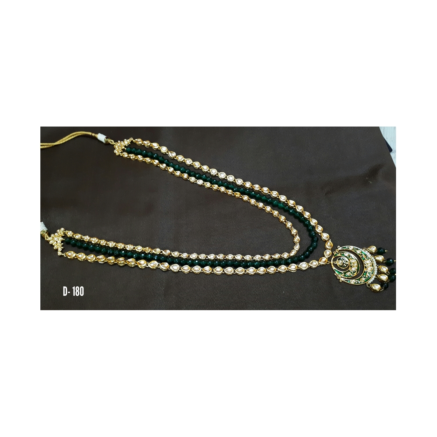 Kundan Long Necklace Set Green Onyx Pearl