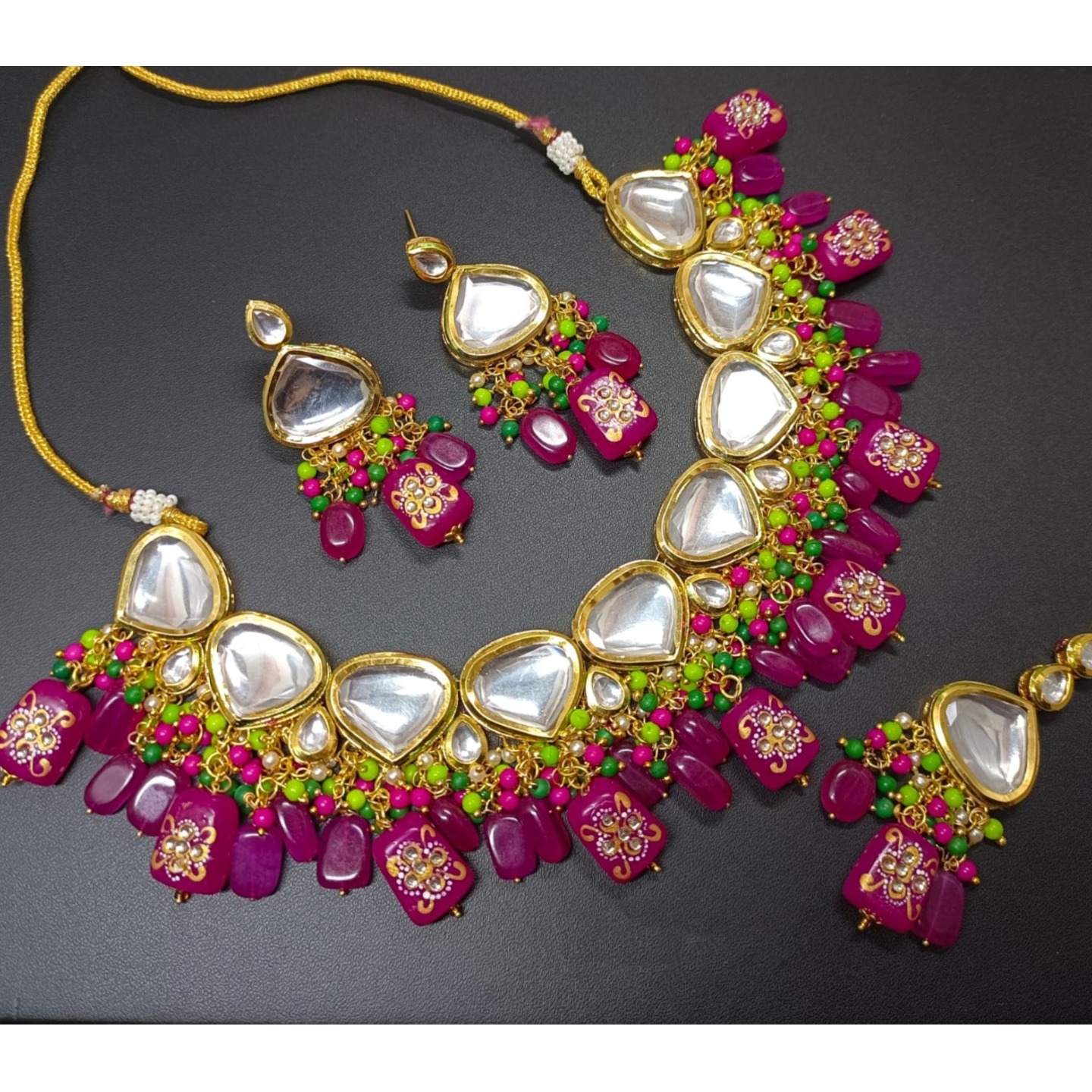 Gold Tone Kundan Necklace Set With Earring Purple Onyx Stone