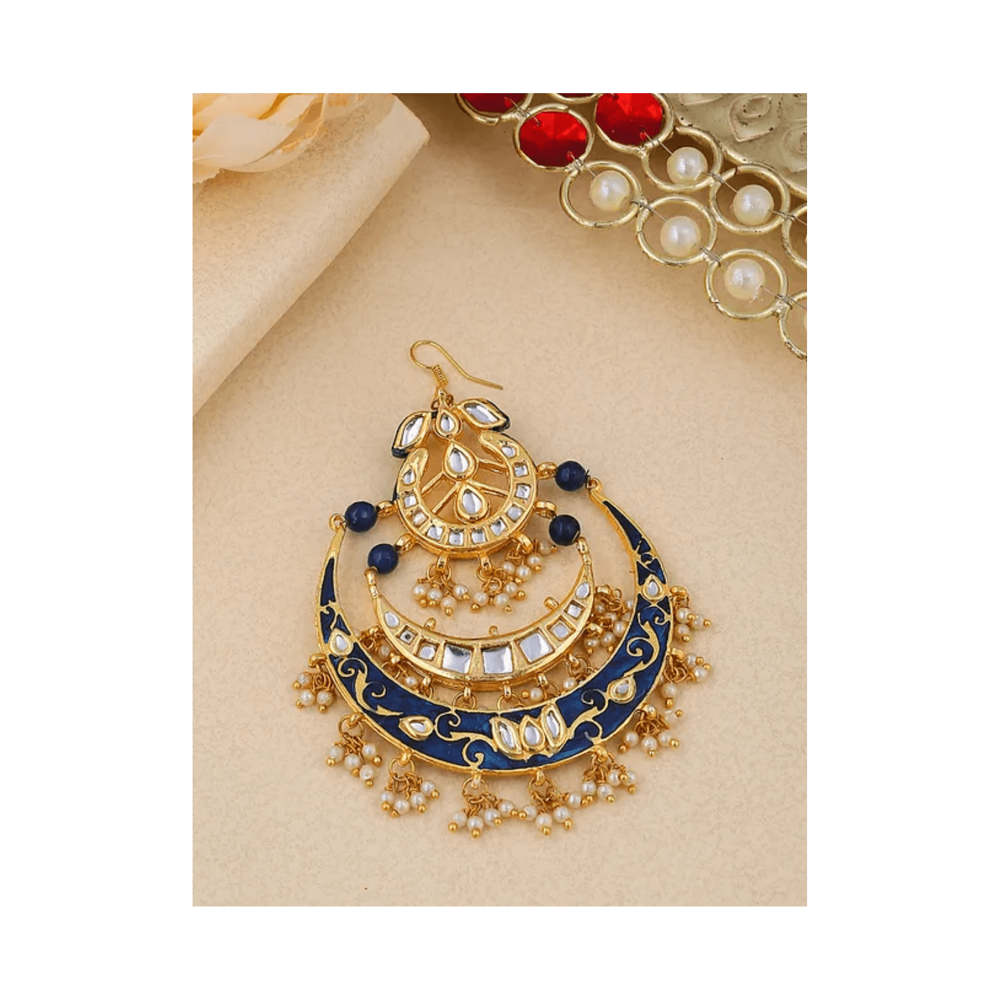 Blue Gold Tone Kundan Enameled Chandbali