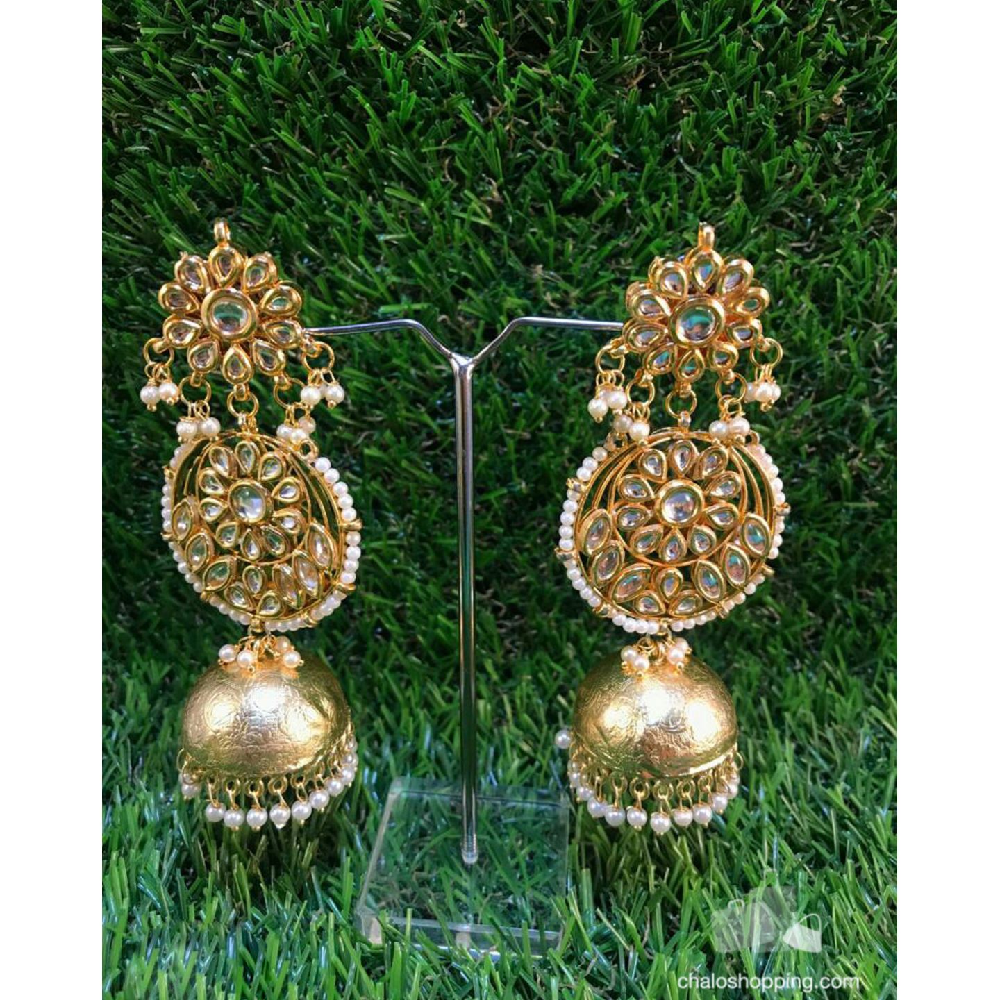 Golden Dome Kundan Inspired Layered Jhumki