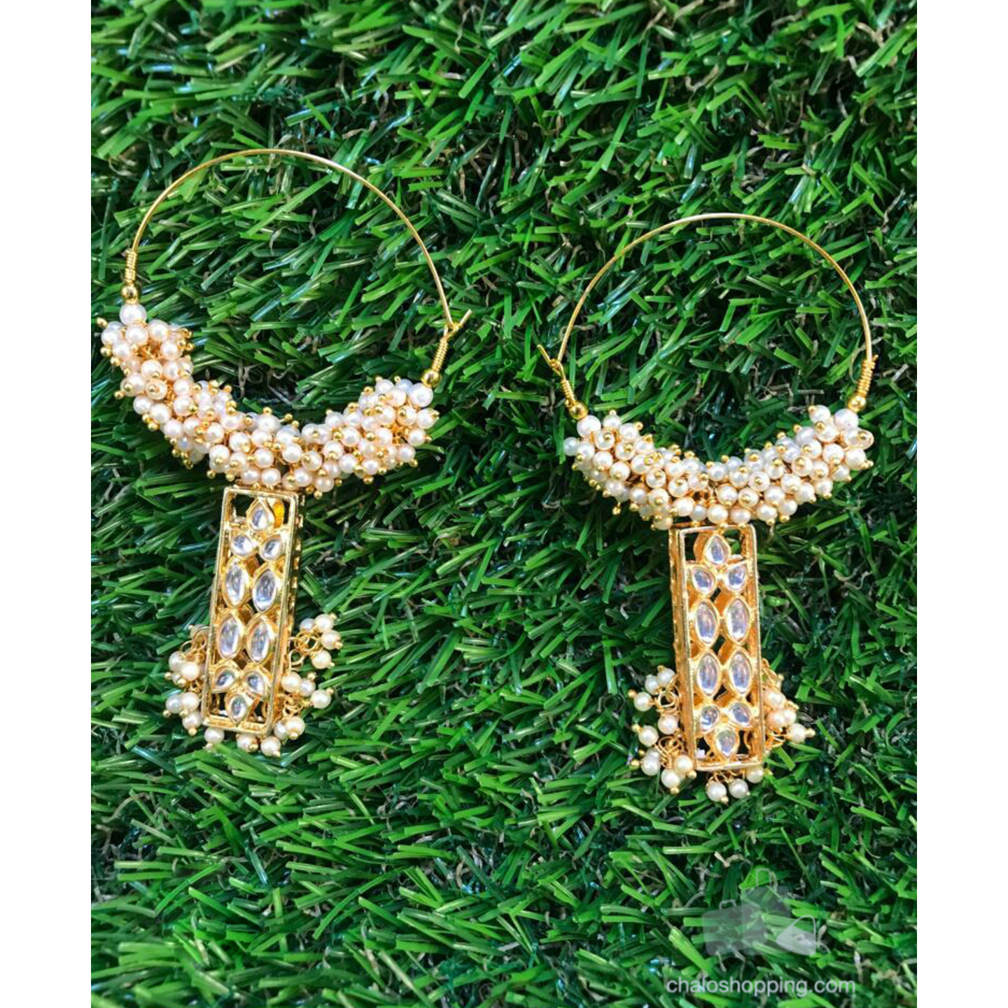 Kundan Motif Faux Pearl Hoop Earring