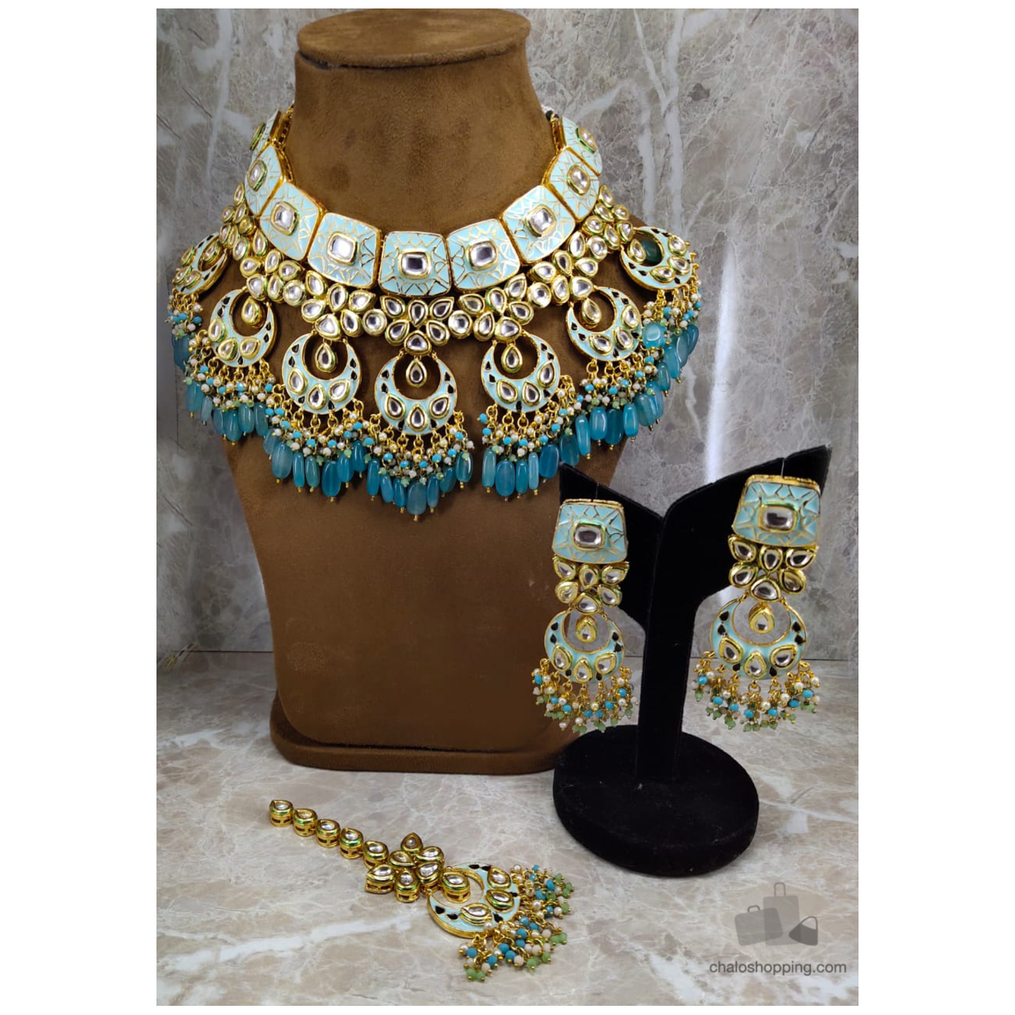 Rajwadi Firoza Meenakari Kundan Stone Necklace Set with Earrings 