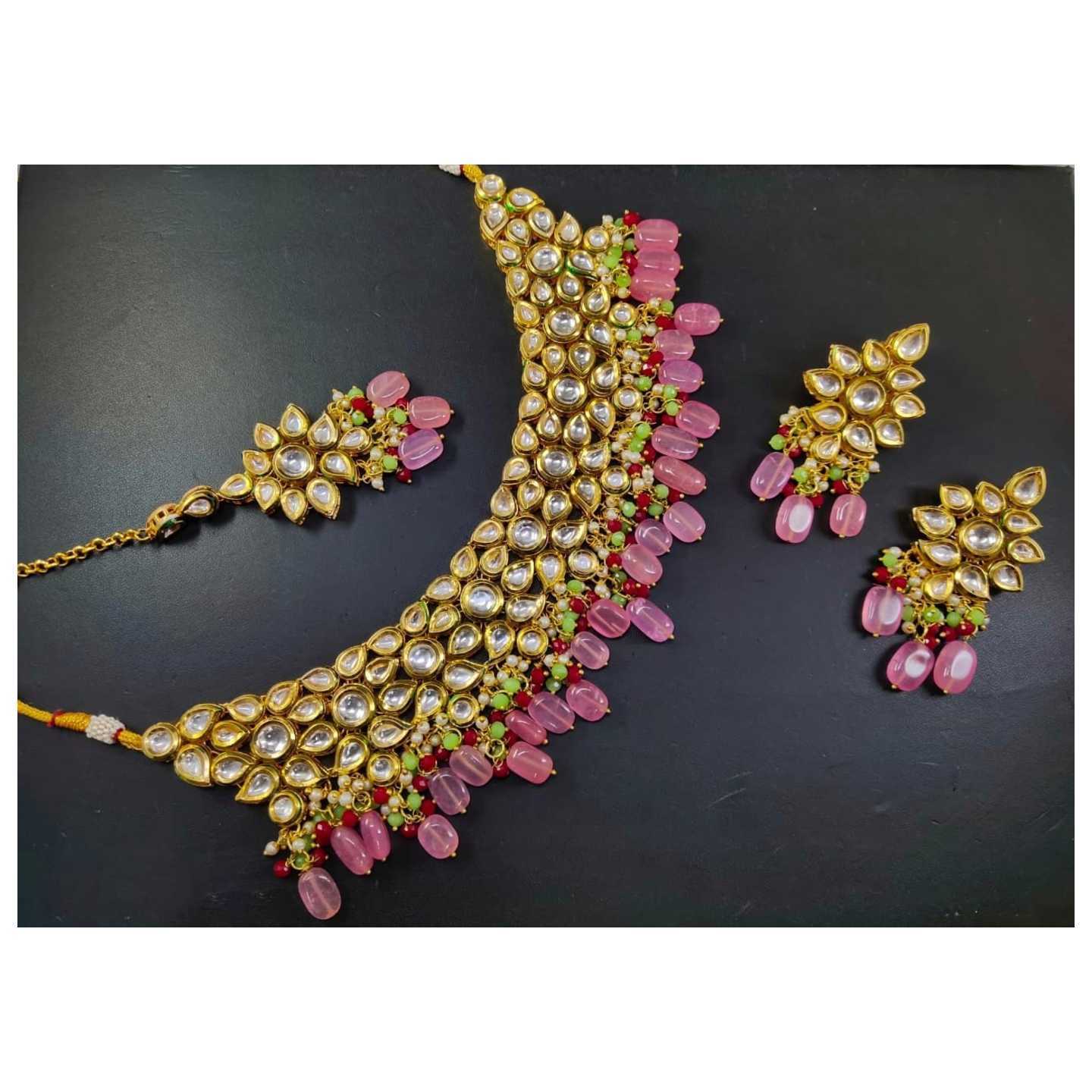 Pink Gold Tone Kundan Necklace Set With Earring Tikka Onyx Stone