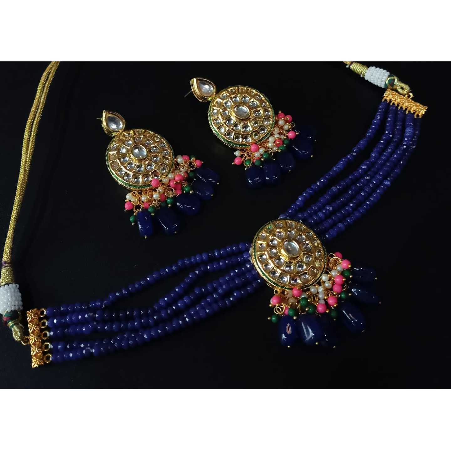 Blue Gold Tone Kundan Choker Necklace Set With Earring