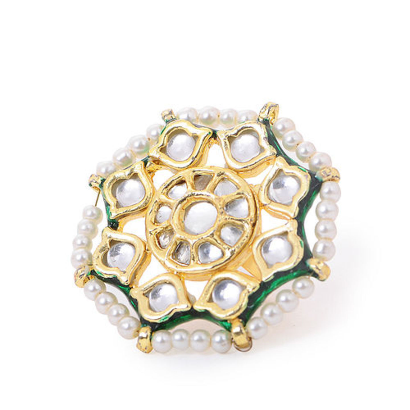 Classic Gold Tone Kundan-Inspired Pearl Beaded Adjustable Ring
