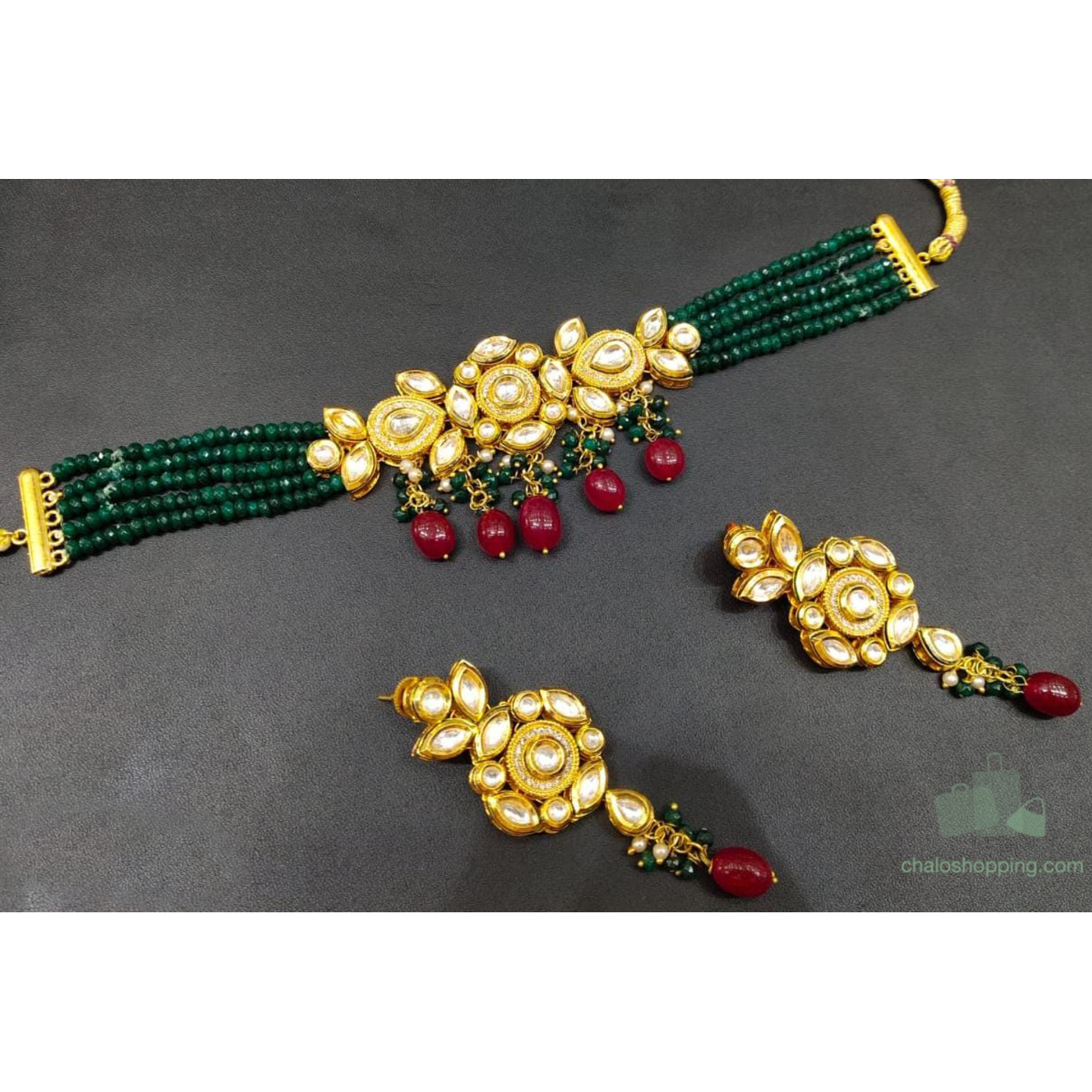 High Quality AD Kundan Green Onyx Choker Set