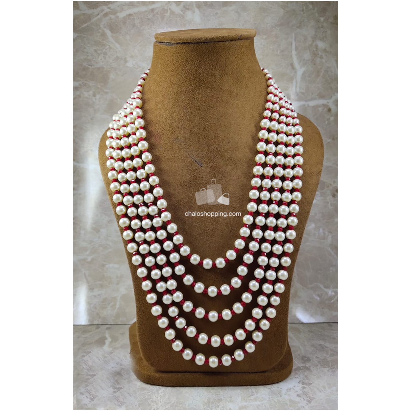 Multi Layer White Pearl Necklace with Red Crystals