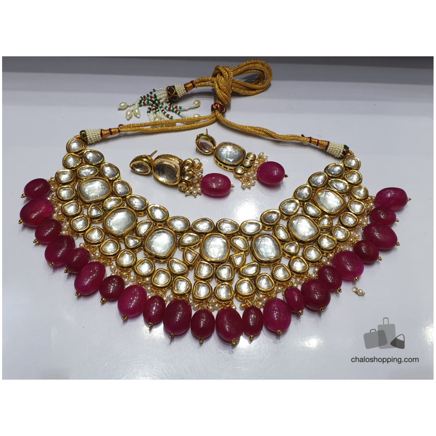 High Quality Kundan and Red Agate Semi Bridal Necklace Set